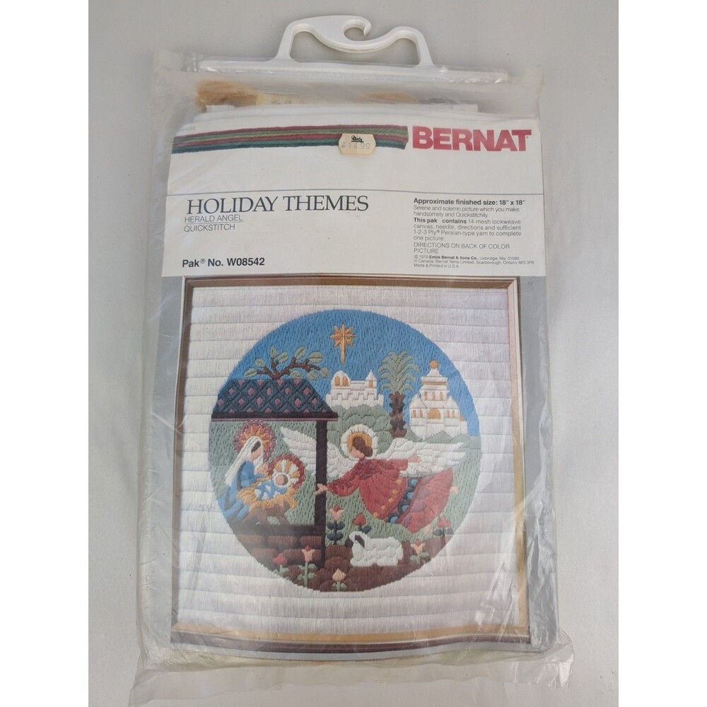 Vintage Bernat Holiday Theme Herald Angel Quickstitch W08542 18x18 Christmas 70s